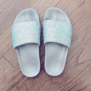 Silver metallic INC jeweled slides